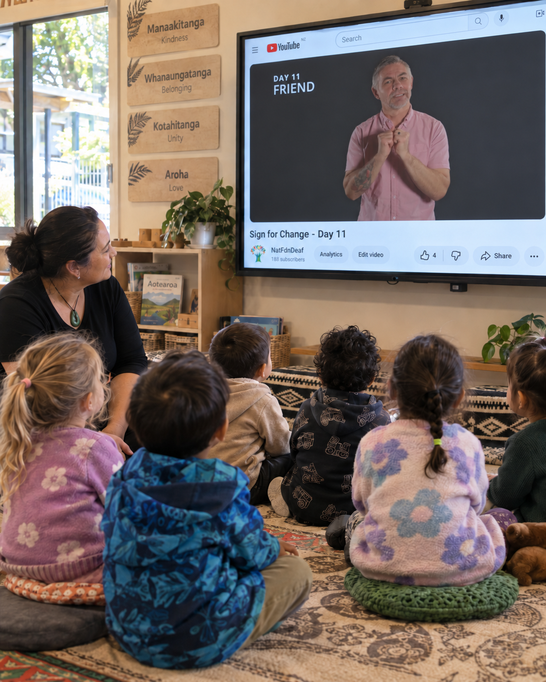 Preschool teacher with tamariki and looking at a Sign for Change video